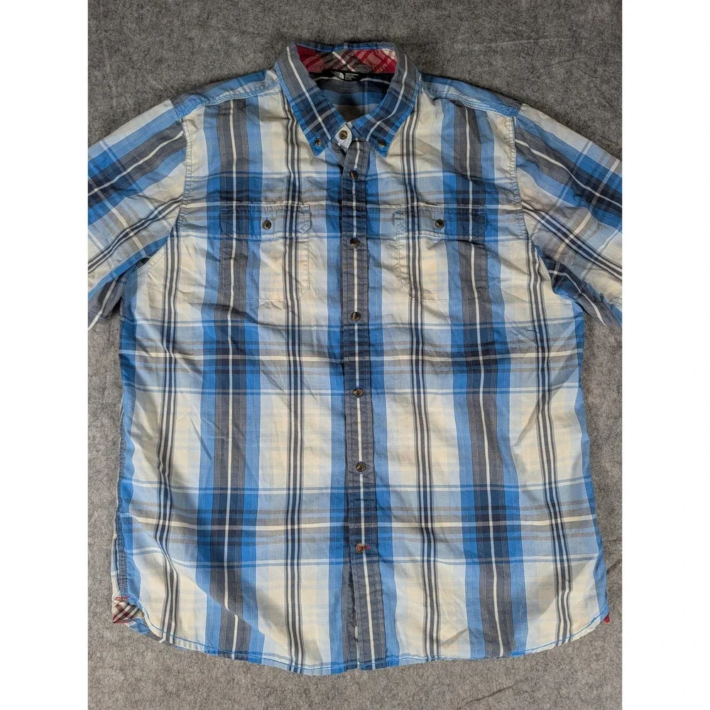 The North Face Mens Blue Plaid Short Sleeve Button Down Shirt Outdoor XL